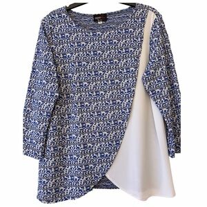 NWT Andria Lieu Blue & White Knit Flyaway Top Size Large